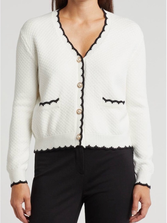 Adrianna Papell Sweaters - Adriana Papell White Textured Scalloped V-Neck Cardigan with Black Trim